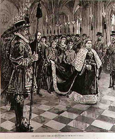 The Queen Passing through the Corridor to the House of Lords, from The Illustrated London News by William Heysham after Overend